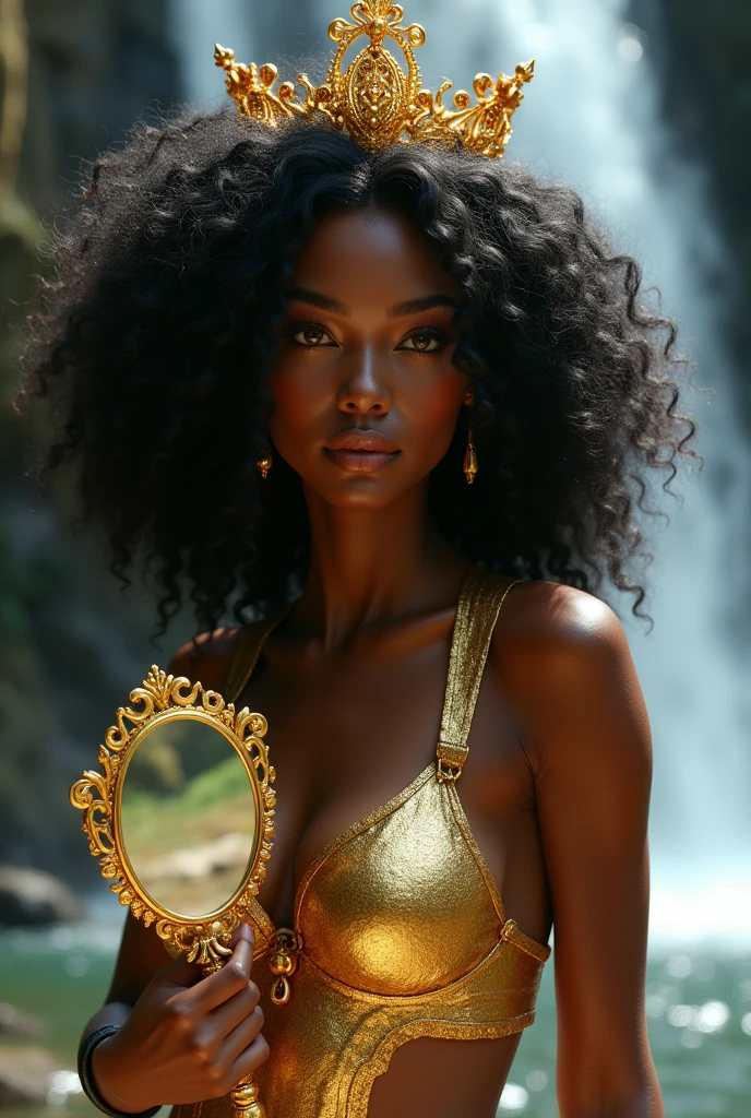 award winning 64k concept art of (black young woman:1.2) in majestic open dress near the lake, sweet, posing, epic, god rays, centered, upper body, (masterpiece:1.2), (best quality:1.3), Amazing, highly detailed, beautiful, finely detailed, warm soft color grading, Depth of field, extremely detailed 64k, fine art, stunning, iridescent, (shiny:1.3), (light reflections:1.3), (crisp:1.6), silver curls, spring, vibrant, sunlit, (edge detection:1.4), absurdres, impressive, 120mm, glittering, frills, extremely clear