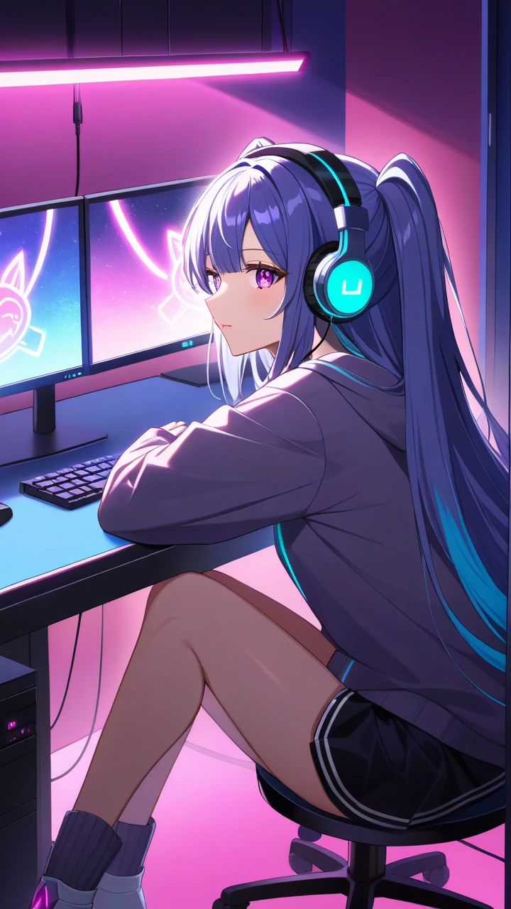 Anime Girl With Long Hair In Headphones Sitting At Monitor, Neon light illuminates her hair