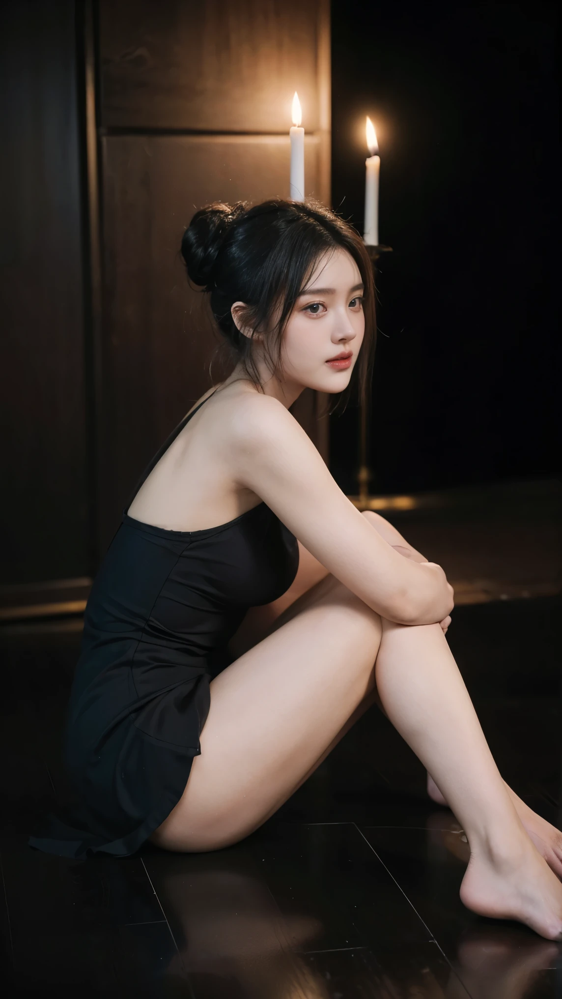 Photo of a 21years woman, curvy body, black updo hair, wearing black short dress, open legs, her hands on the floor, sitting lying down on the floor. dark room, candlelight. side view