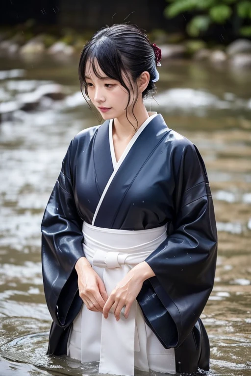 1 person、Real、Wet、Hakama、Japanese、kimono、Women、、Long-sleeved kimono、long hakama、soaking wet、Hakama、whole body、tabi、Hakama with wet texture、Water play Bathing、rain、river、Clothes that stick to the skin、floral kimono