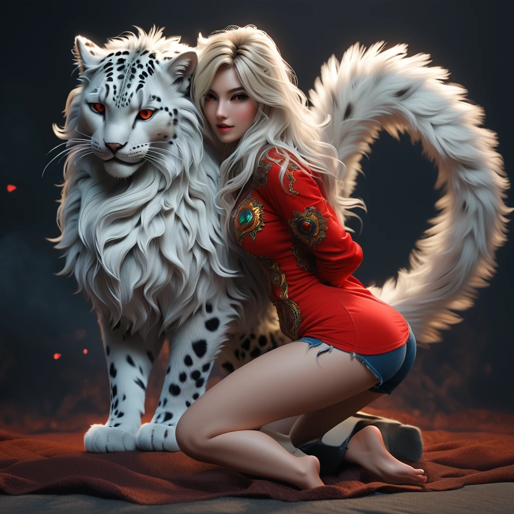 a beautiful (anthro snow leopard), her beautiful curvy body covered in white fur and black spots, long thick tail, wearing a tight red t-shirt and mini denim shorts, posing sensually for a photo from the side, happy, SFW, 8k, masterpiece, intricate details, dynamic lightingpokemon braixen, adulto, perfectly done anatomy, whole body, girl, visible genitals busto detallado, (Tamaño de busto mediano:2.0) detailed eyes, detailed furry, (medium hips), raised legs showing the soles of the foot