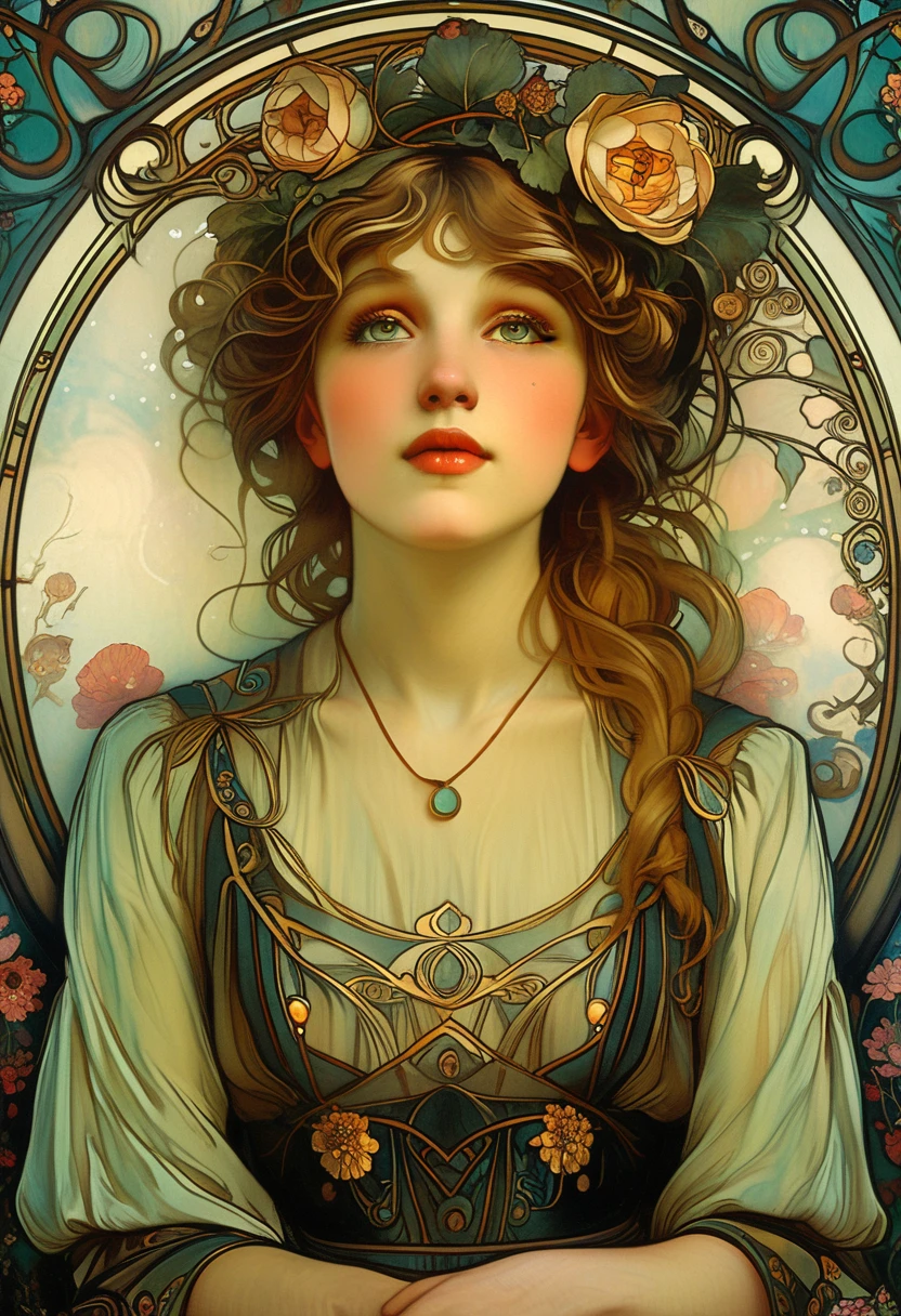 1 girl, style of Alphonse Mucha, beautiful detailed eyes, beautiful detailed lips, extremely detailed face, long eyelashes, elegant flowing dress, ornate floral background, swirling organic patterns, soft pastel colors, chiaroscuro lighting, intricate art nouveau style, masterpiece, (best quality, 8k, highres, ultra-detailed, realistic, photorealistic:1.37)