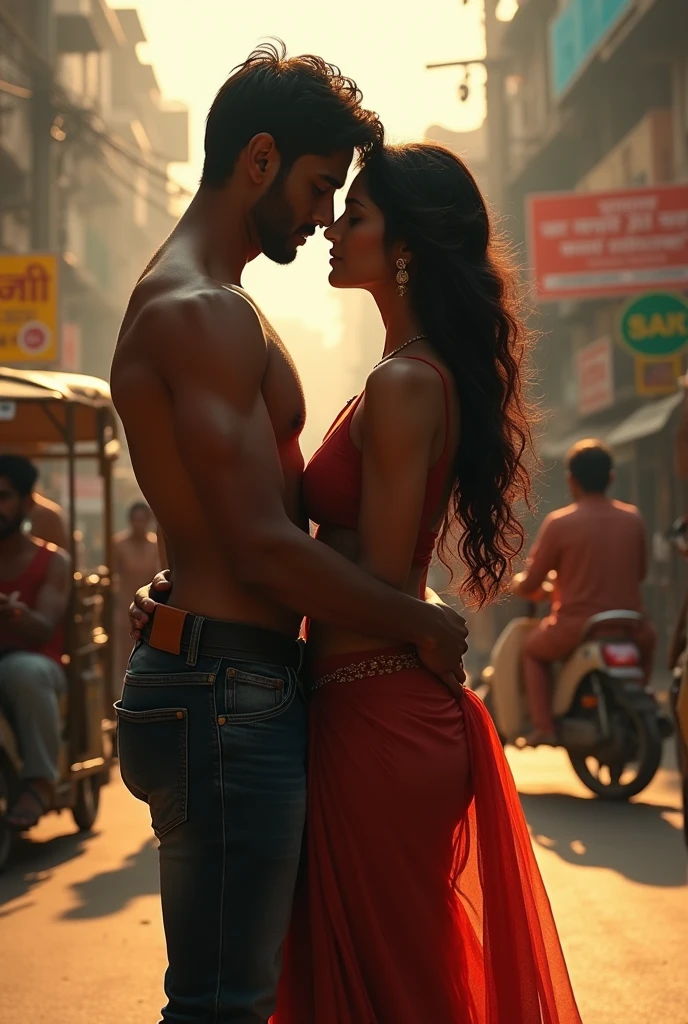 Hot Indian woman, sexy high slit dress, holded by tall, muscular african man infront of other man,outdoor