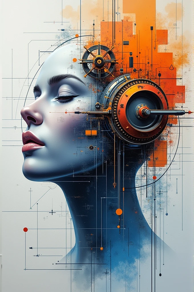 Real face of a girl with many cables and lasers in her head imagining artistic gymnasts on gymnastics apparatus in space of stars horizontal format 19 x 6