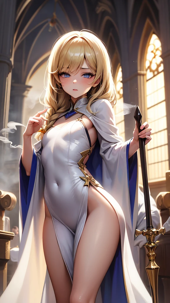 1girl, trap, blonde hair, long single back-length braid, blue eyes, flat chest, somewhat short person, white robes, bare legs, extremely girly boy, clutching golden staff, church background, textured skin, (close up), UHD, award winning, high details, incredible high-key lighting and shadows, masterpiece, incredible illustration, sexy legs, (stomuch visible) (smoke from chest), (half closed eyes)