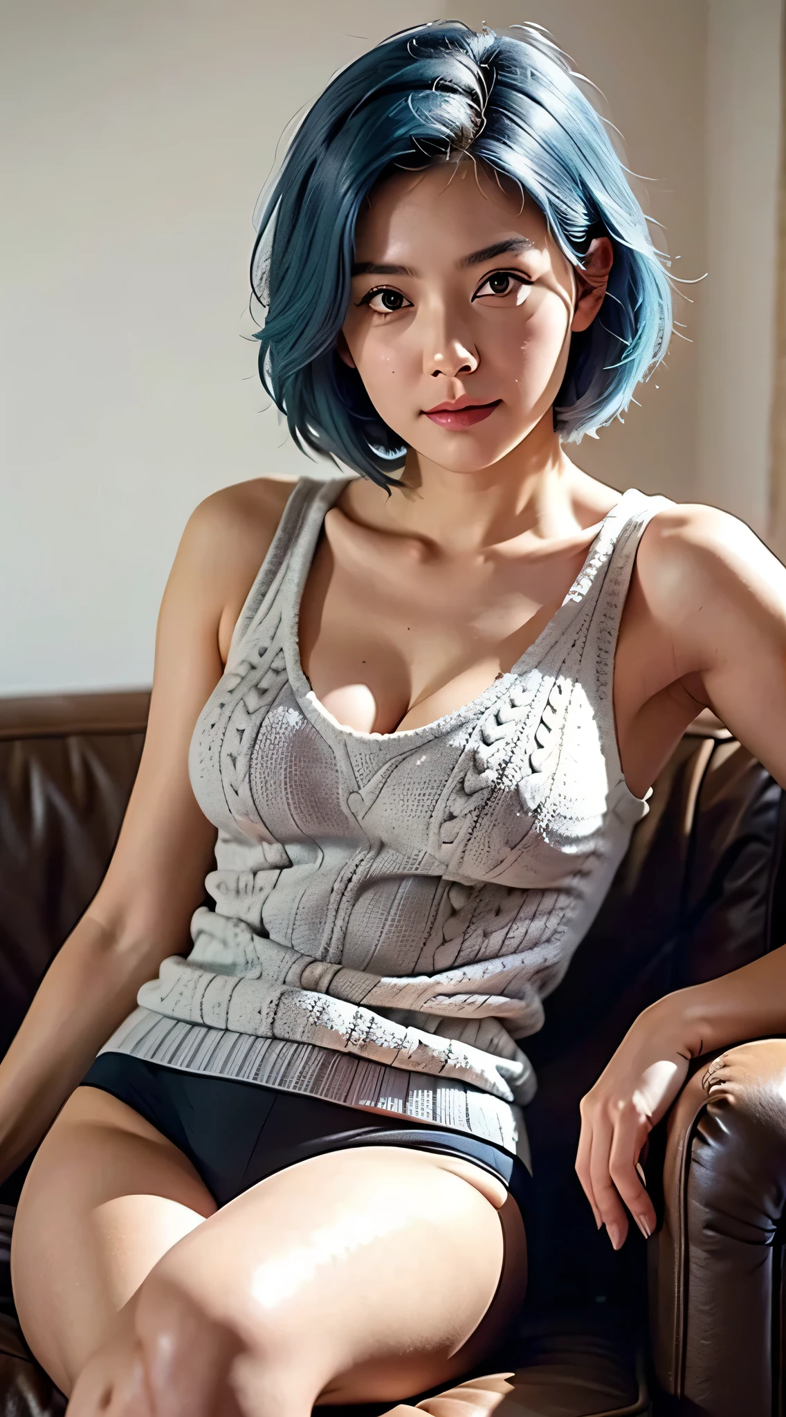 light-blue haired alafed busty young woman sitting on sofa wearing blue tank top, cute girl with short brown hair, smooth pink skin, With pastel blue hair, some blue, blue girl, soft portrait shot 8 k, Belle Delphine, Anna Nikonova aka Newmilky, Anime. Soft lighting, light pastel blue, brown short hair, light blue hair, short hair, Highly detailed eyes,extra detailed face, (cable-knit tanktop:1.5)