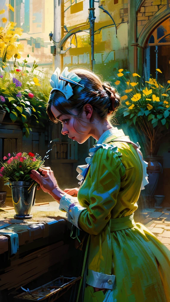 Contemporary painting、semi-abstract painting A touch of impressionism, Close-up of the British maid, the prince's maid, watering flowers in the royal palace, with warm lighting that focuses on her facial details and expressions as she works. Bright, bright colors such as light green and yellow are used to highlight the flowers and plants. The surroundings are in soft shadows, with the main focus on the maid and the details of her work.

Camera Angle: "Eye-level camera, front-angle shot of the maid watering flowers, with lighting that focuses on her face and details of her hands."