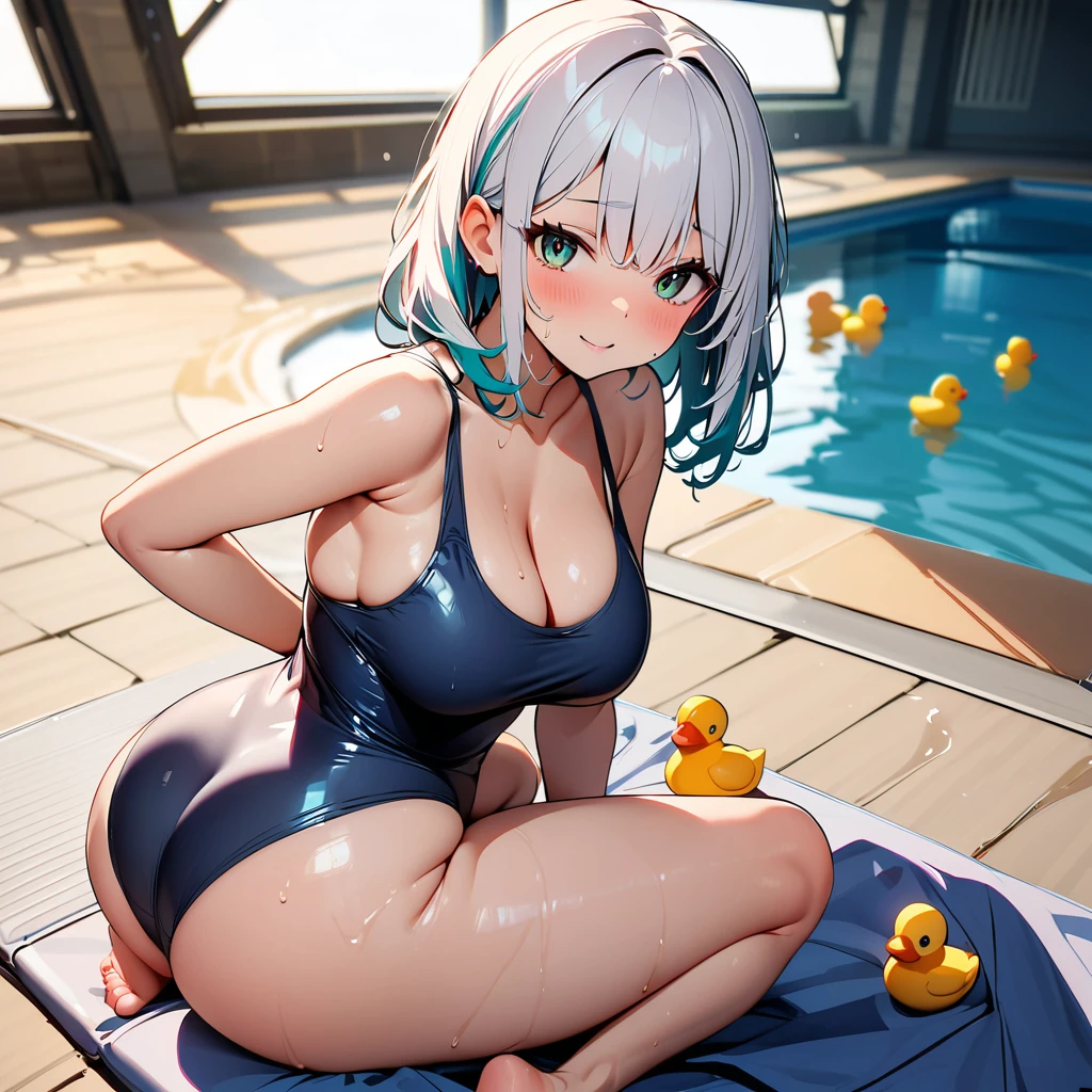 One girl, solo, (High resolution, masterpiece,8k:1.4), Textured skin,White skin,old_school_swimsuit,,Silver Hair, Medium Hair, chest, 大きなchest, Bright Eyes, Anxious, Blushing, Pale green eyes,sweat,Oil,Get wet,Pool,front,High Contrast,巨大なchest, Ass,大きなAss,pool,cleavage,,curvy,glamor,swimsuit_pull,barefoot,Cumulonimbus,day,rubber_duck,in summer,(highlights hair, smoky rad streaked hair,streaked hair))