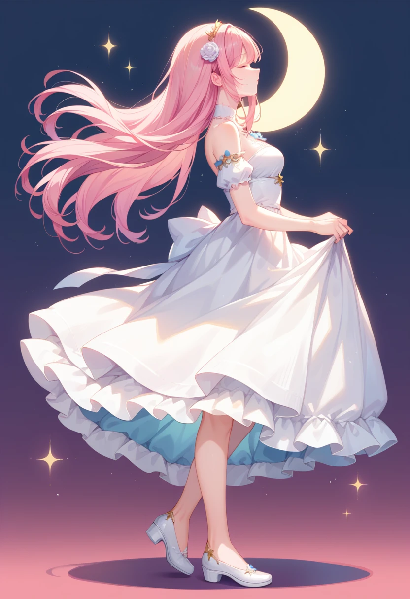 1girl, solo, long hair, bangs, simple background, dress, bare shoulders, standing, full body, closed eyes, pink hair, cloud, white dress, gradient, gradient background, sparkle, profile, blue background, moon, pink background, white footwear, purple background, skirt hold, crescent moon


