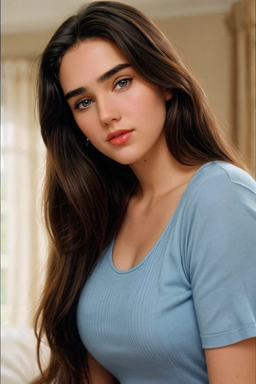 Beautiful long brown hair, young 20歳、Jennifer Connelly, Jennifer Connelly as a stunning, 90s Makeup, UHD. Beautiful Face,, Bushy, straight eyebrows, Beautiful Face!!!!, Plump cheeks、Clear eyes、Height 170ｃｍ　Bust 90ｃｍ. Waist 63ｃｍ.Hip 88ｃｍ. Natural and beautiful skin..(deep mascara.Eyeliner)..Raise the corners of the eyes)（nose slightly higher)..Angle your eyebrows) (Blue Eyes) bed room..(Draw your eyes together)