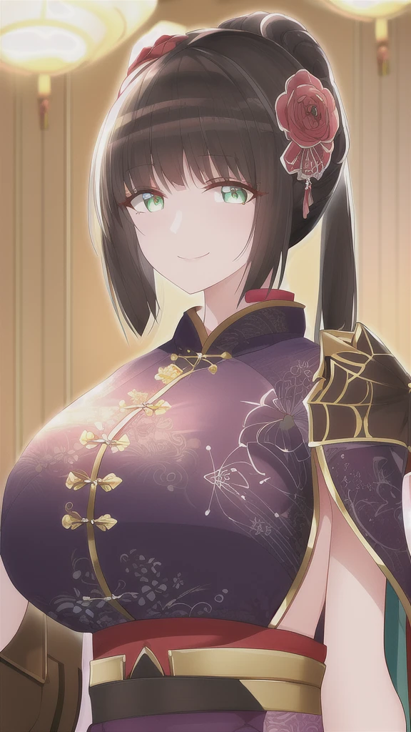 Huge_chest, Alone, China_dress, 星nullの_null, Best Quality, Detailed face, Detailed eyes, High resolution,Upper Body、Evil female executive、Wicked Smile、chestの谷間、Sexy pose