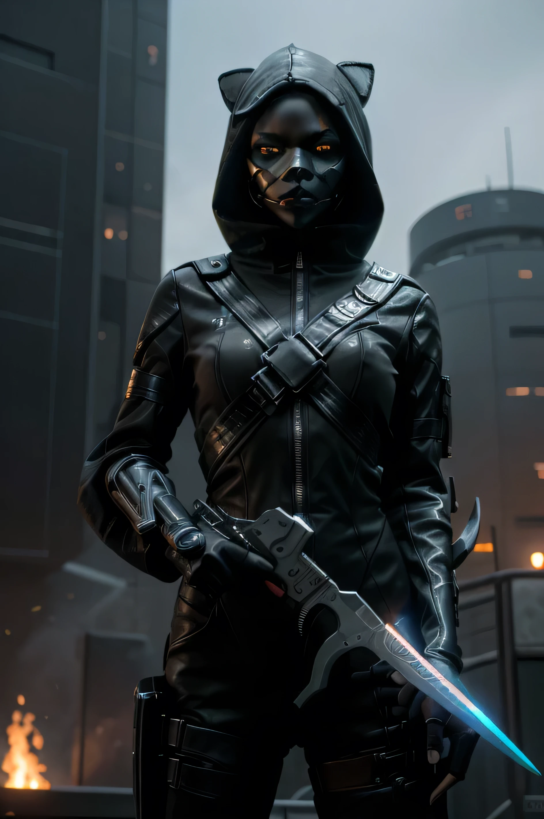 sci fi rogue, black female cat furry, holding a futuristic dagger, with a hood, enemy monsters in the background, realism, sci fi, cool cyber mask, hyper realistic
