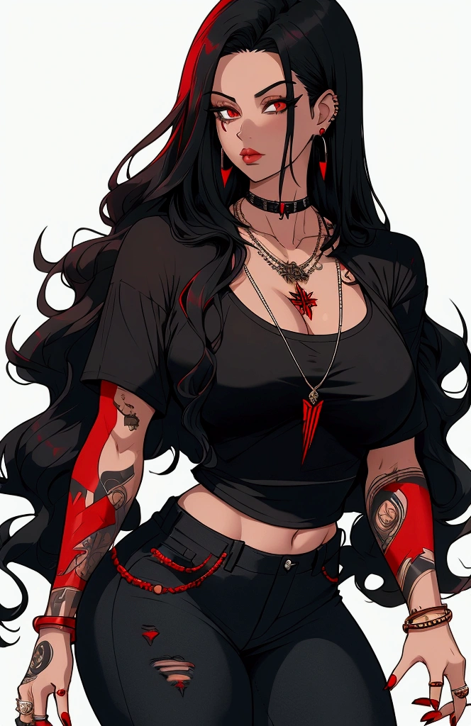 (1girl),solo,upper body,Highly detailed,High Quality,highres,highly detailed face,highly detailed eyes,medium hair,black hair,messy hair,glowing purple eyes,smug,blood,bloody,crop top sweater,breasts showing,necklaces,medium breasts,navel,(bloody background),dark,dark lighting,short,tattoos on legs,tattoos on arms,