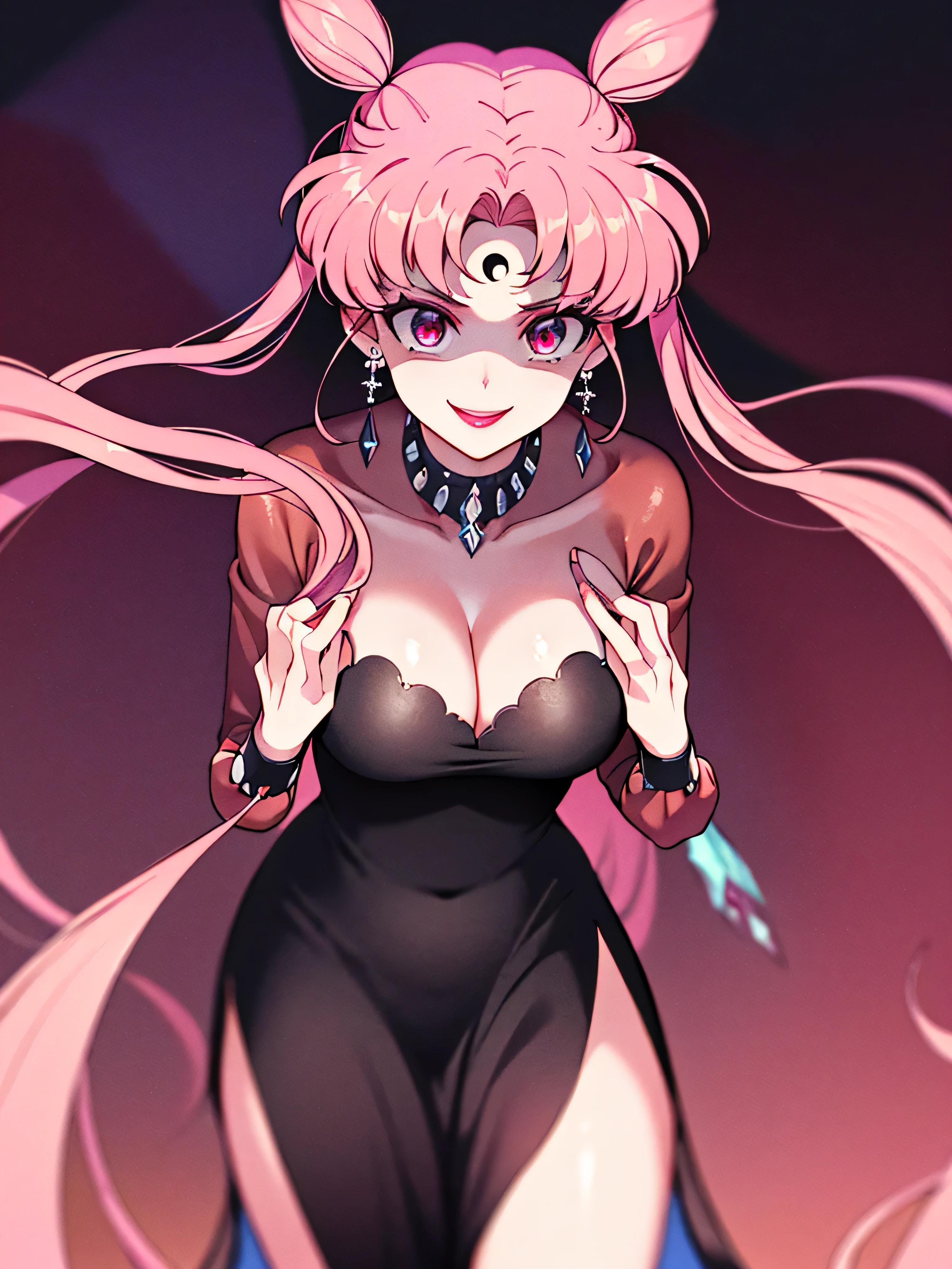 ((masterpiece,best quality)), absurdres,
Black_Lady_Sailor_Moon,
solo, smiling, looking down at viewer, cowboy shot, pink hair,twintail,
cinematic composition, most evil huge laugh,lipstick,sadistic smile,deep shaded face(eyes in shadow),,smile worst,worst ridecule,most evil moukery,,,,two hands,five fingers,black and pink background,A face full of evil,most evil ridicule,,horor, Violence, , The Empowerment of Evil,beautiful body,,beautiful hands,beautiful fingers,,beautiful legs,ruins,Giant purple crystal,