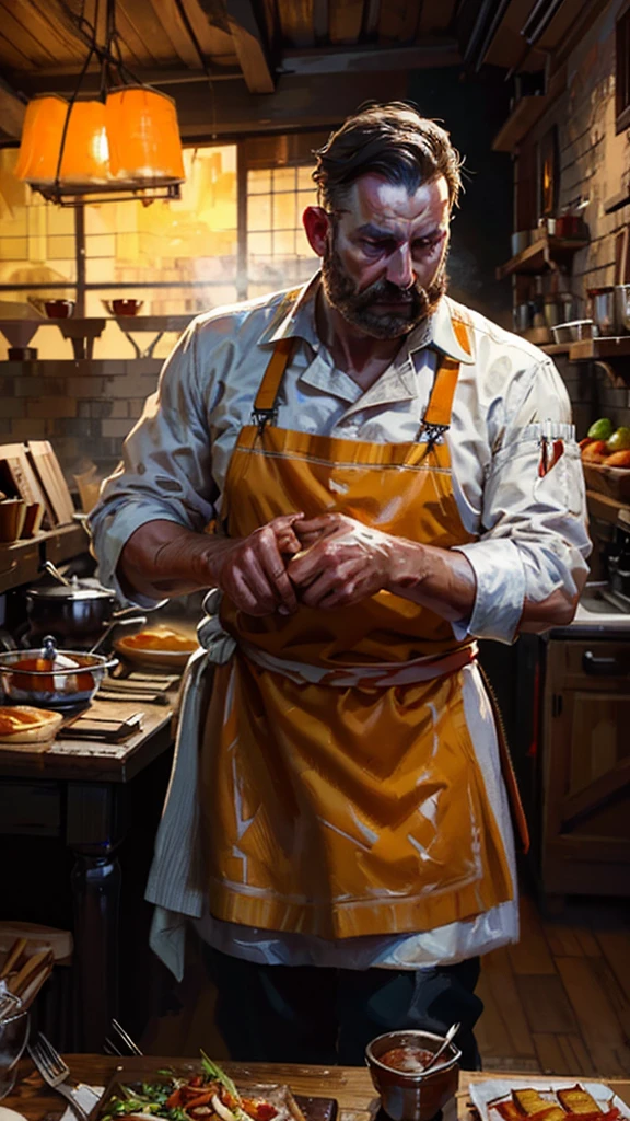 Contemporary painting、semi-abstract painting A touch of impressionism, Close-up of the British royal chef busy preparing food in the royal kitchen. Warm lighting is used to highlight the details of the chef's face and hands as he works, with details highlighted through warm colours such as yellow and orange. The surroundings are in a soft shade of dark brown, with the main focus on the chef's expression and working features.

Camera Angle: "Close-up camera at eye level, tilted angle to show the chef at work with focus on the details of his face and hands."
