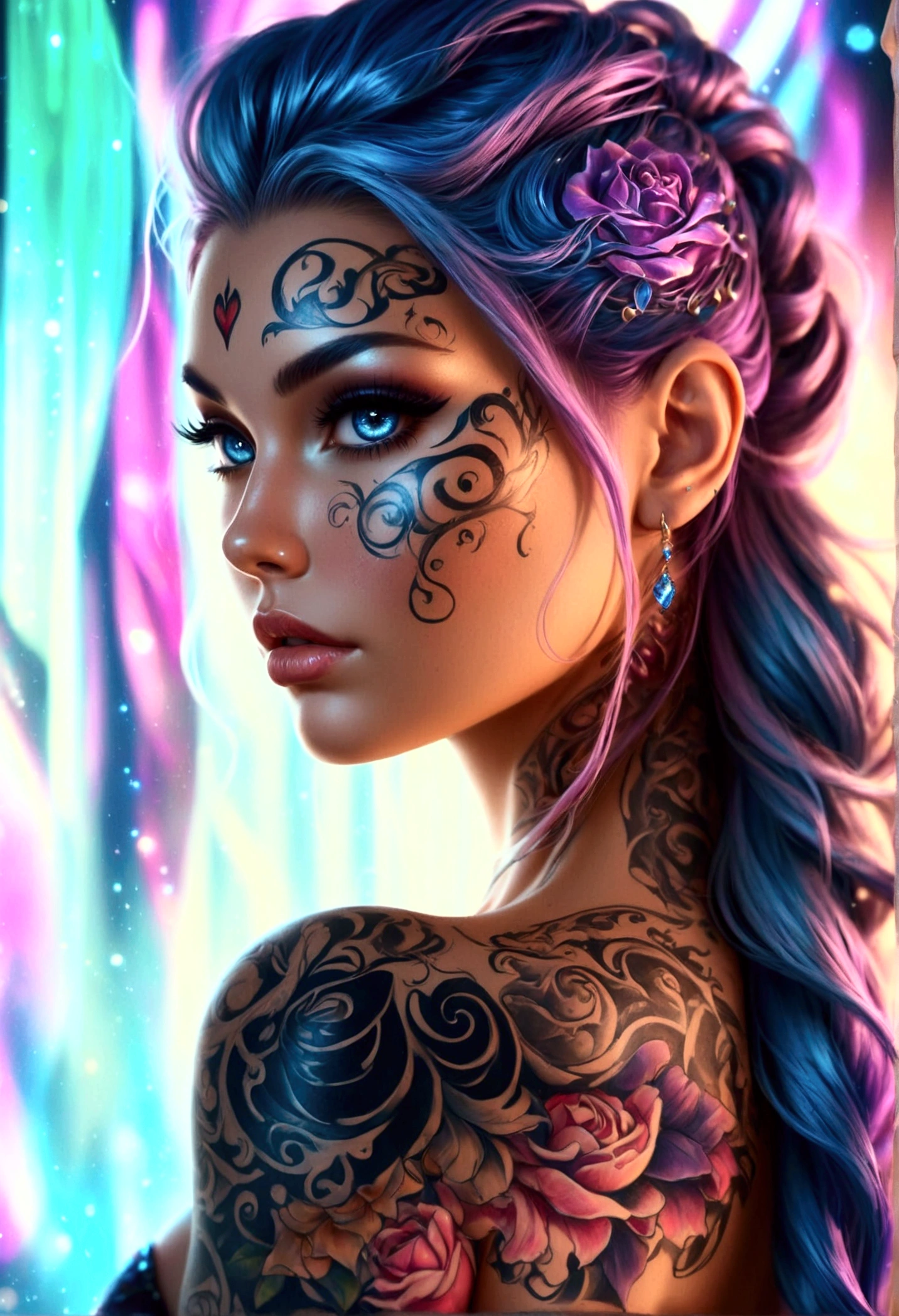 (Best quality, Masterpiece :1.3)), beautiful woman: 1.3, beautiful face, showing ass, full-body side woman, saturated colors, psychedelic image, LSD, mandala, fractral, costume, tattoo, painted body, body tilted forward, art similar to Alex Grey's art, lots of color saturation, woman, vortex, very large and colored hair, white skin, lots of resolution, lots of definition, details at most, no blur, no blur, lots of hire, sunglasses --auto --s2