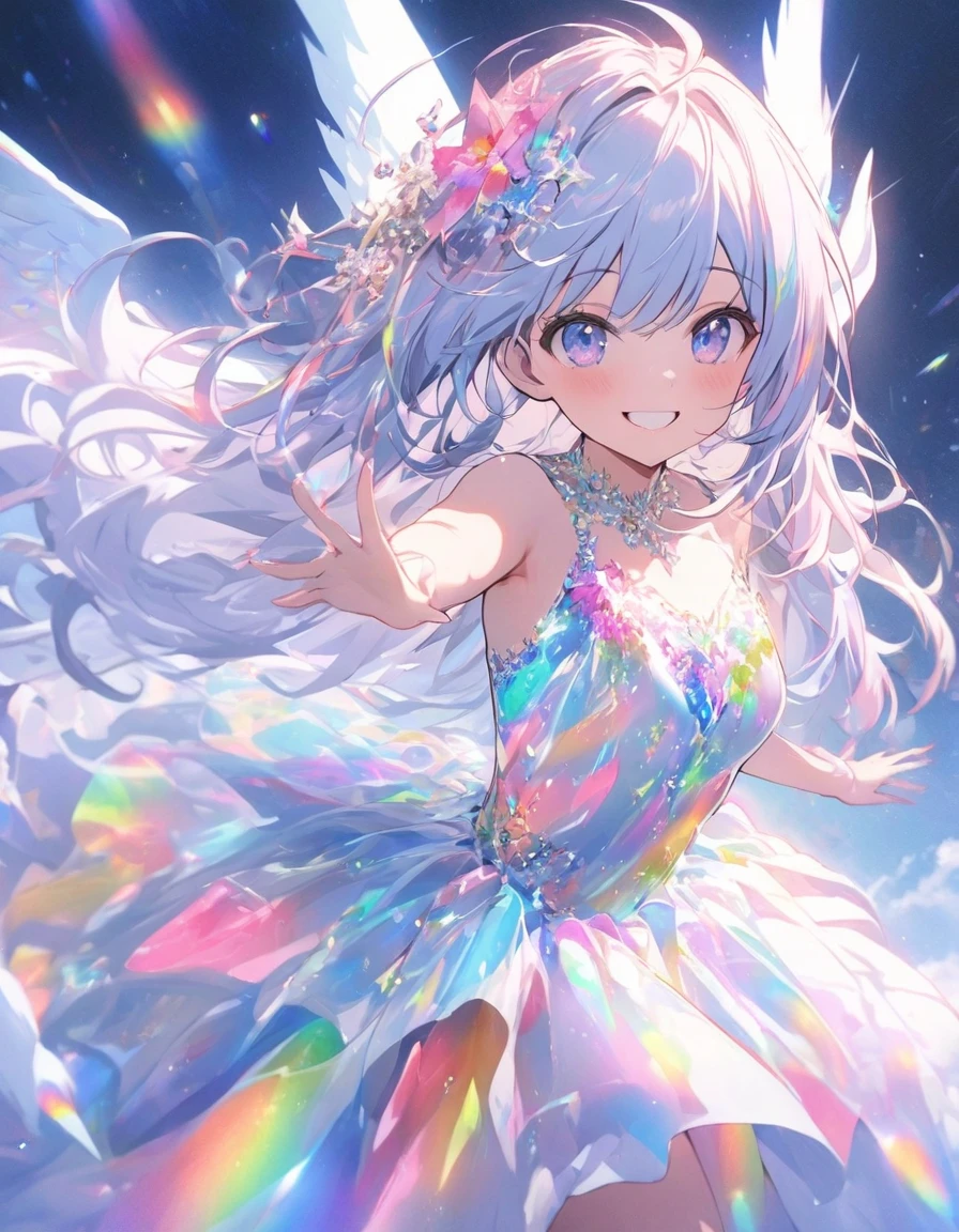 (Super detailed, 8K, best quality, ultra detailed, masterpiece), underwater, A lot of bubbles, Paleblue-blue gradient coloed water, nice, bright, Light shines through the water, Beautiful and mysterious lady with a sweet smile, ((She is holding her leg close to her body and pointing her right toe.floating on her back in water)), The girl is tall and medium bust,sparkling dark blue eyes, Her long rainbow-colored hime-cut hair is flowing, a dress made of many layers of fabric, shiny glossy iridescent clothes, shiny reflective clothes, pastel, lens Flare, soft gradient　
