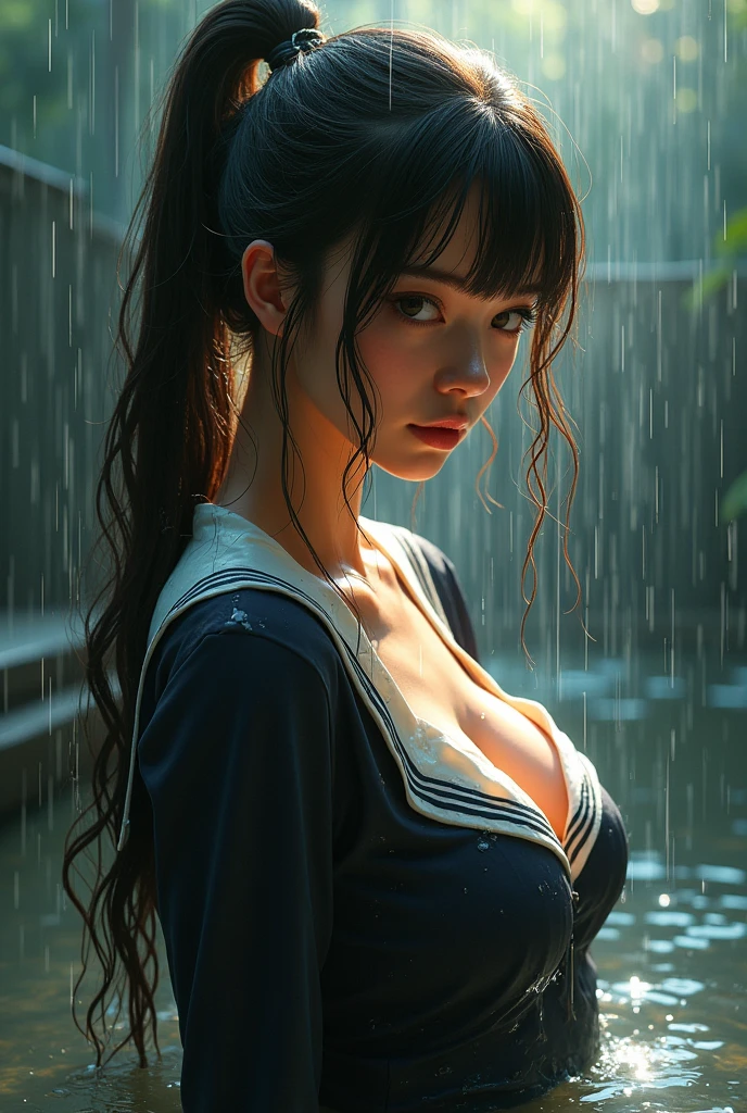 (Best quality, 4k, Masterpiece :1.3), pretty woman, 1girl, (breasts, attractive body :1.2), abs :1.1, dark brown hair: 1.1, (rainy wet, wet from rain, wet body :1.2), ultra-detailed face, detailed lips, detailed eyes, double eyelid --auto --s2