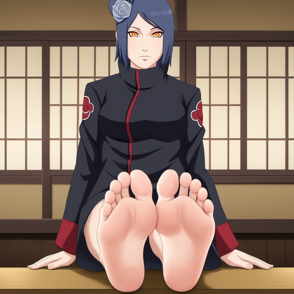 The woman \(Naruto\), Alone, 1girl, closed_mouth, akatsuki outfit, (akatsuki outfit:1.1), flower, hair flower, (orange eyes:1.2), black coat，In the Japanese style room，Dark gray blue hair，Soles出汗，barefoot，Perfect feet，Five toes per foot，Low Angle，Soles，Sitting at the table，Foot Focus