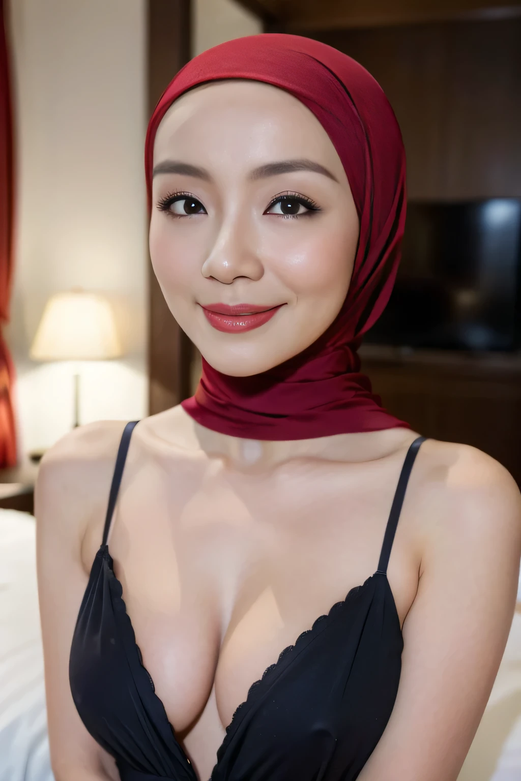 ("Wearing tanga"), (Happy smile), (((HIJAB MALAY GIRL))), masterpiece, High quality, UHD 32K, Realistic face, Realistic skin feeling , A Japanese Lady, Realistic breast, realistic cleavage, Very cute and baby-like face, (((FLAT CHEST))), (Night time in hotel room), ((look In front  at the camera and SADNESS)), ((())), (((CUTE GIRL))), ((RED LIPS)), ((DEEP V-NECK DRESS)), dark night background, ((flat chest:1.2)), sexy, seductive pose, cameltoe,