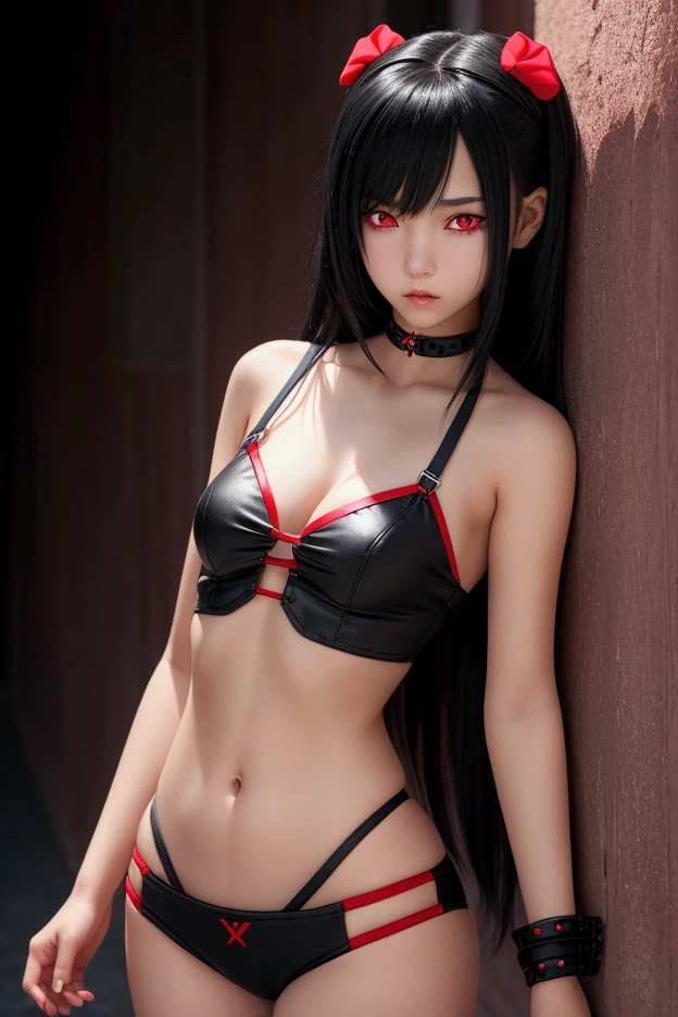Master painting, 8K picture quality, master painting, 8K picture quality, small chest, demon wings, delicate eye portrayal, delicate facial features portrayal, delicate body portrayal, delicate makeup depiction, red leather coat, black long hair, slender body, open chest, long legs, ((exposed)) ((injured)) full of blood, looming, gorgeous jewelry, chest