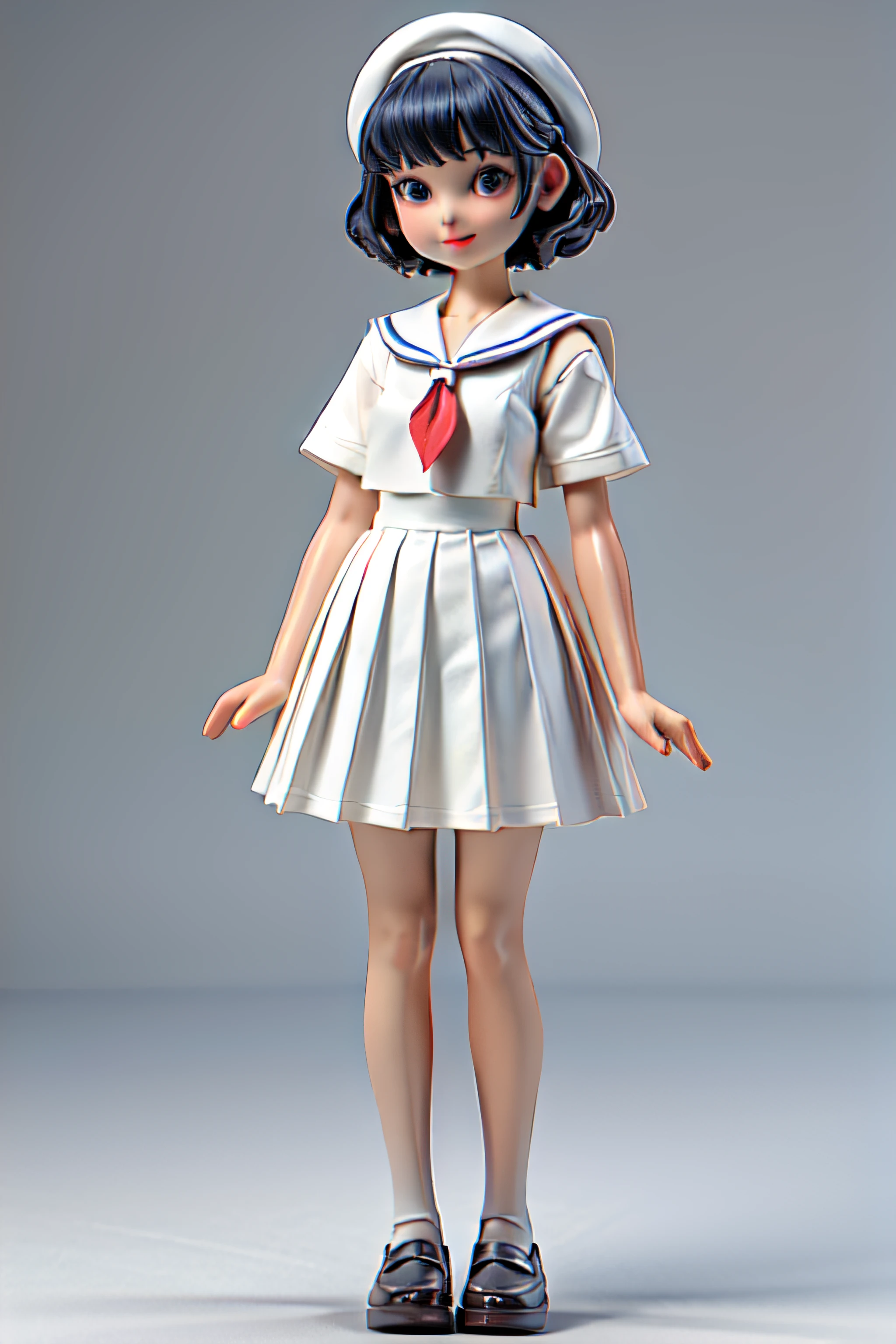 (Porcelain Doll)、(Ceramic figure)、(One girl、high )、(natural standing posture)、(Show your whole body)、(Smaller head:1.2)、Detailed facial depiction、A kind smile、Short Hair、White Beret、(White Sailor Suit Dress)、Navy blue sailor collar、(White long skirt)、Pleated skirt、shoes、loafers、Vintage、Classic、((Watercolor of singer Sargent))、Blur the background、((No background))、((White Background))、((A plain background))、(No logo)、(Highest quality、High resolution、masterpiece)、3d、4K、wallpaper、
