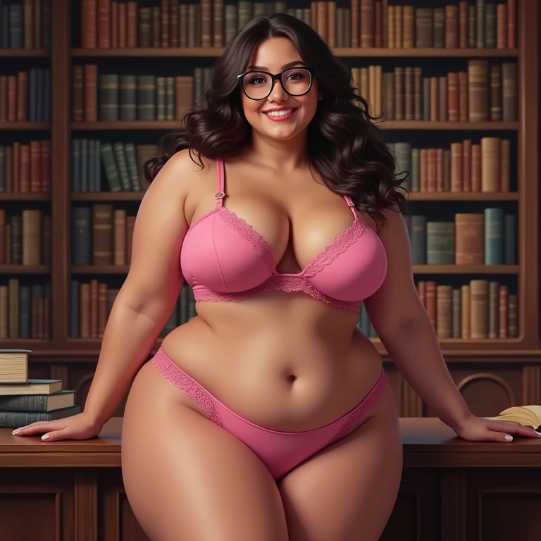 beautiful married sunny leone,plus size,black curly indian hair,wearing round glasses,wearing deep pink short blouse and a deep  pink short petticoat,exposing hver deep navel and bare belly,background in a adult magazine shop,many adult magazines everywhere,sunny leone is reading a adult magazine seductively