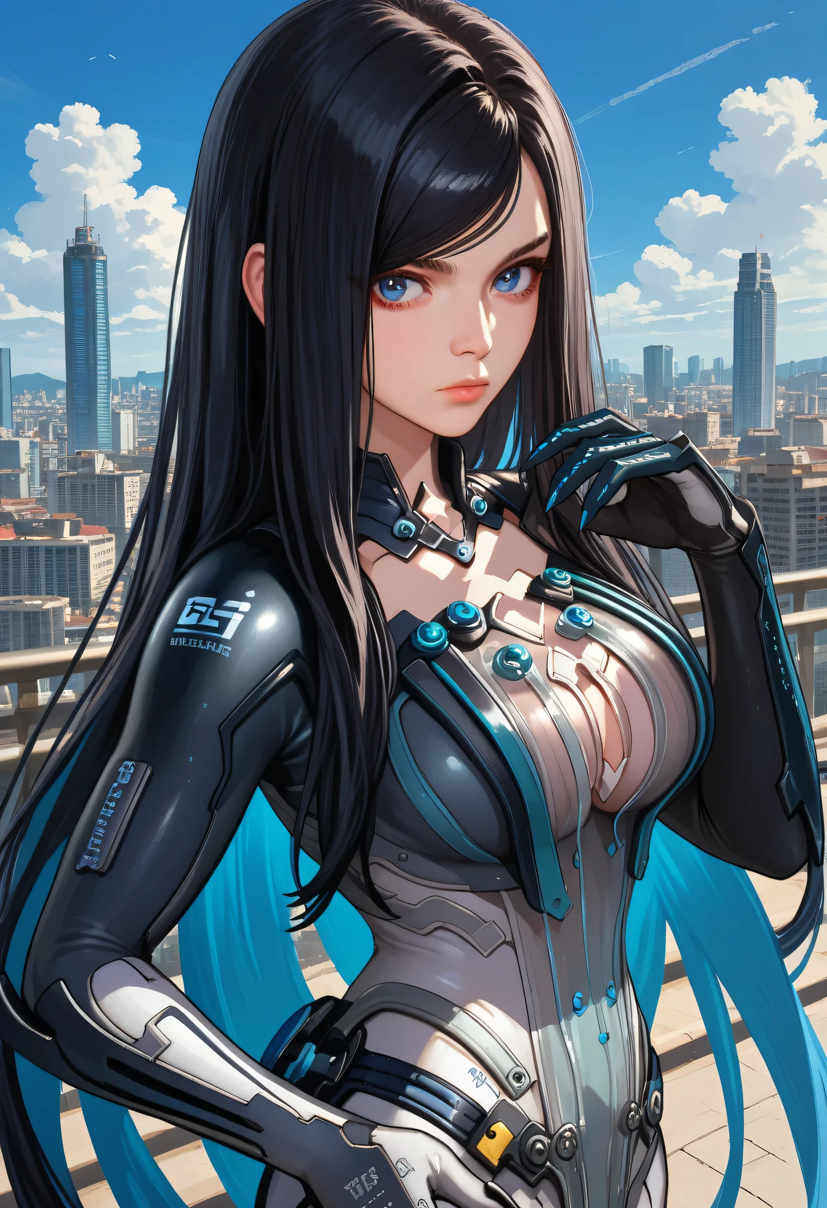 score_9, score_8_up, score_7_up, score_6_up, source_anime, 1girl, solo sbRav, black hair, swept bangs, very long hair, blue eyes, black bodysuit, two-tone bodysuit, grey pants, collarbone, cleavage cutout, gloves, gauntlets, large breasts, blue sky, clouds, city, looking at you, side view