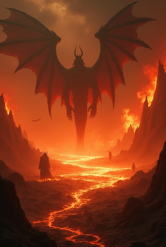 (mysterious mist:1.5),A figure that personifies evil, traditionally referred to as Lucifer, reigning confidently in a hellish landscape. He is surrounded by a horde of monstrous creatures that are his legion.. Igneous cliffs and rivers of lava paint the background, as tortured souls populate the shadowy foreground. The fear-inspiring grandeur of this hellish realm is something out of a nightmarish epic..