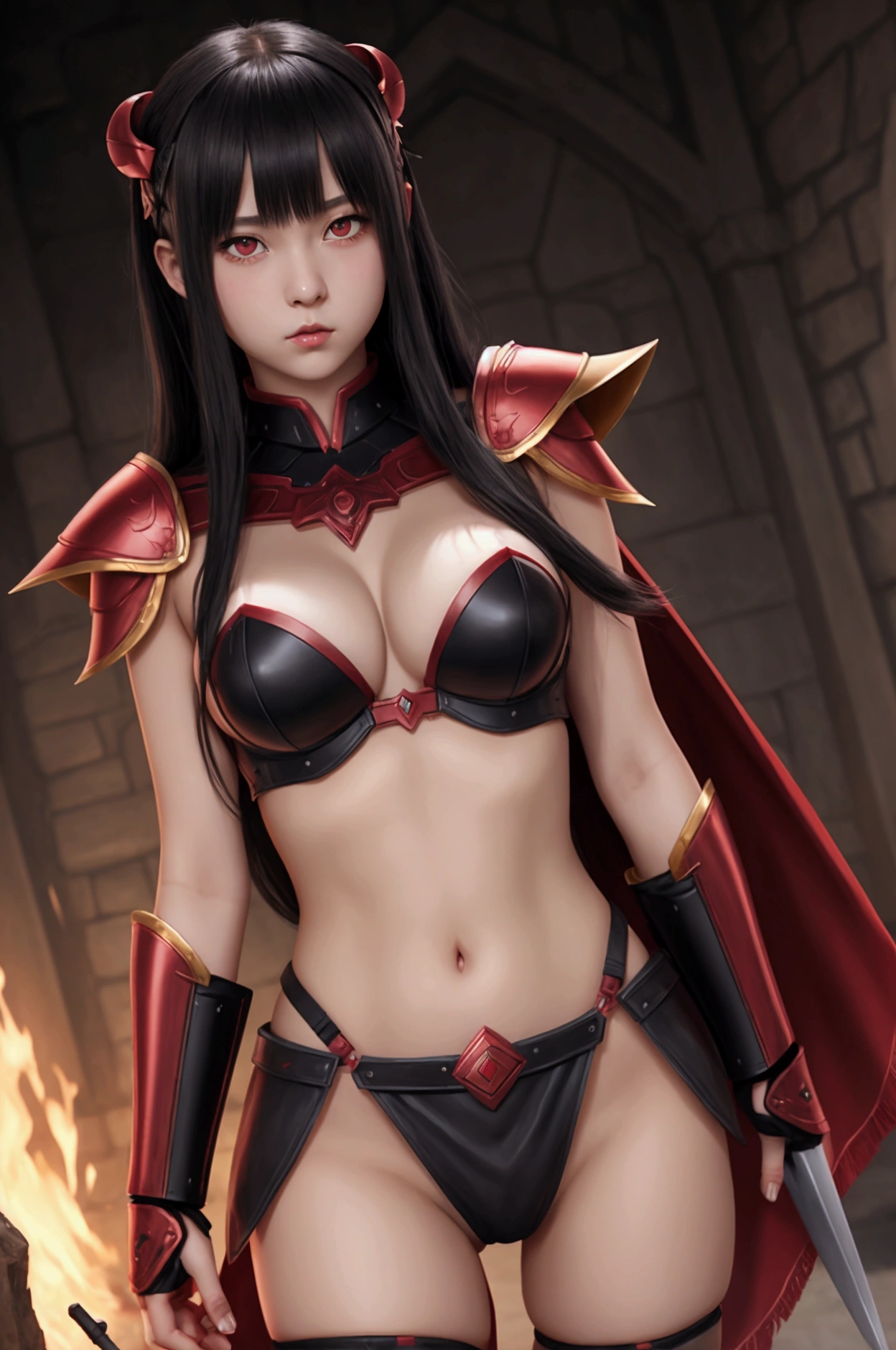 Anime-style image of a costumed woman holding horns and a sword,military commander,red,Armor Suppression,Pussy juice,Torn clothes,Skin Dance,Black Hair,Long Hair,Showing panties,Erect nipples,Skin Dance,No underwear,See through,No underwear,No bra