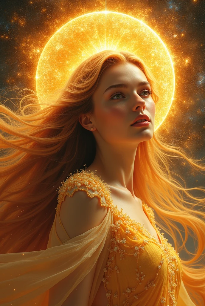 Generate an image of a mystical sun goddess with light brown eyes and light brown hair with gold highlights with title: x47