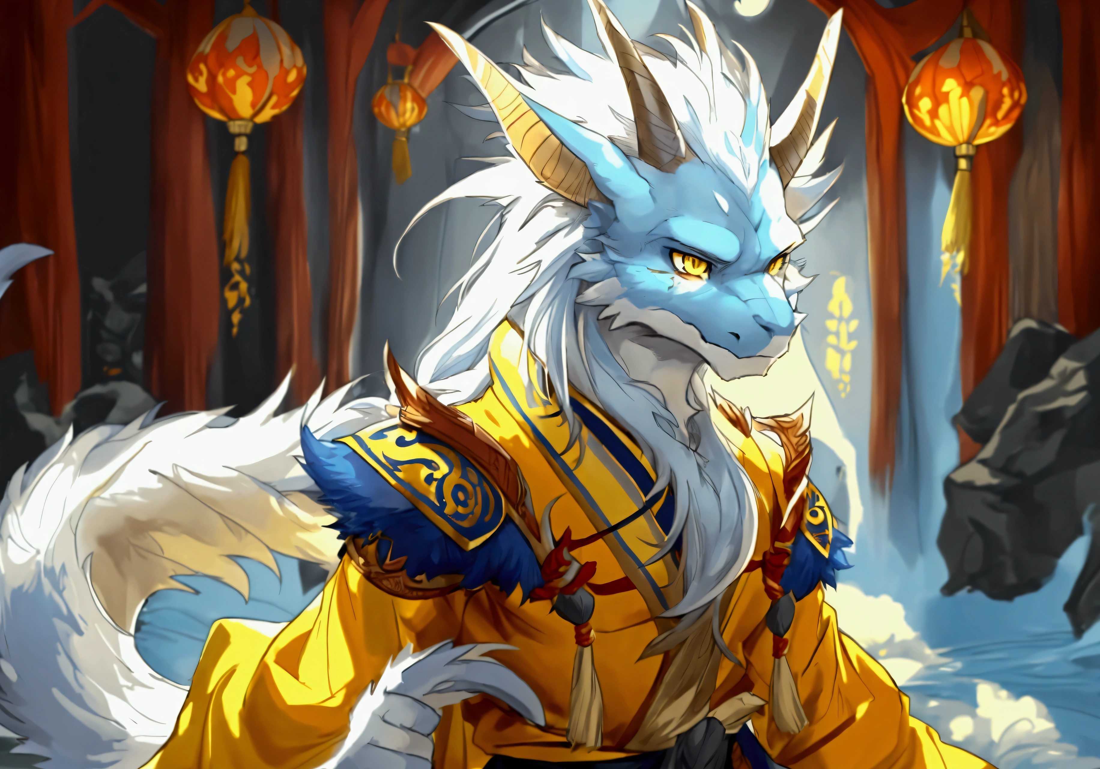 Character concept art, turnaround sheet, expression sheet, 1boy, furry, anthro dragon male, up right with white horns, yaungol, sun mystic, long hair, Yellow eyes, ash blue fur, East Asian roral, Mongol ornate robes, Wold of warcraft art style, Dynamic poes