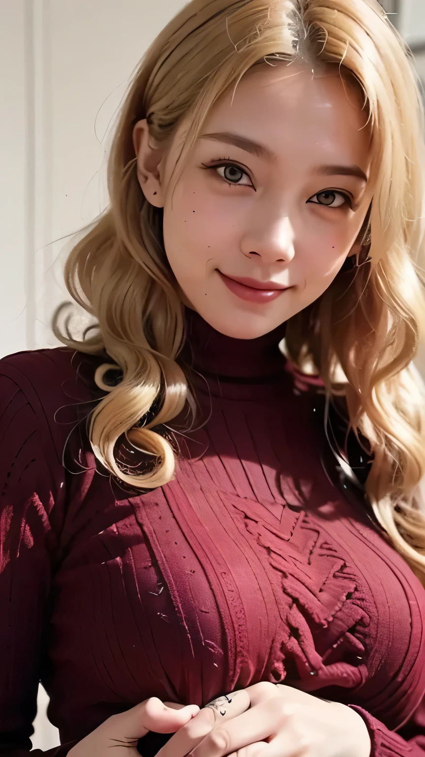 1girl, solo, (best quality, 8k, highres, masterpiece:1.2), ultra-detailed, realistic, photorealistic:1.37, cute girl with extremely detailed features, 2,, blushing, full-body, (seducing smile:1.2). (cable-knit:1.4), (curly long-hair:2.0), ((close-up)), (turtleneck knit sweater), (big breasts:1.6), (leggings:1.2), (black pupils:1.4), smiling brightly, happy, detailed hair texture, (red clothes:1.5), (blonde hair:1.5)
