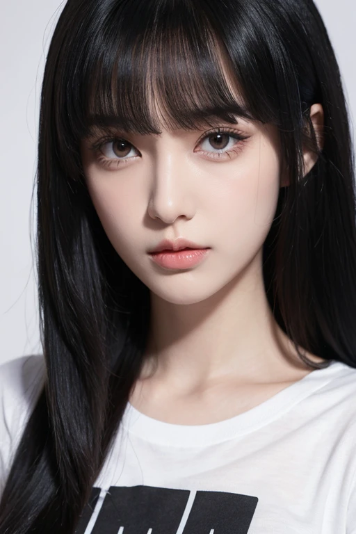 (((forehead、Northern Europe、White people、beautiful girl、Black Hair、White background、High neck、Tank top、cute、Young、True Face、Shiny Hair、whole body)))、table top, highest quality, figure, super detailed, finely, High resolution, 8k wallpaper, Perfect dynamic composition, detailed and beautiful eyes, Deco out,bionde, breasts, Natural color lip,white background, random cute poses,
