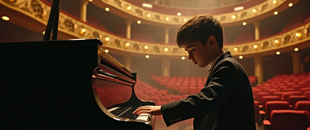 Newborn baby dressed as an orchestra player playing on a grand piano in a large hall