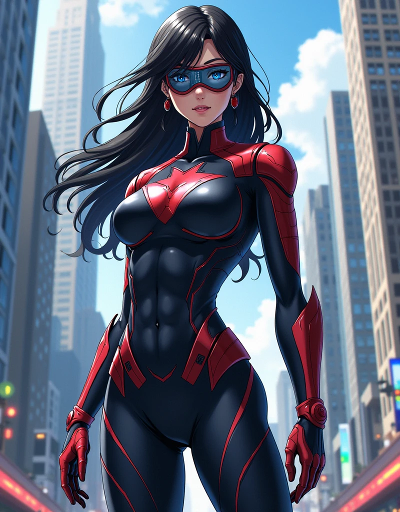 masterpiece, best quality, 1girl, superhero, leotard, bare legs, knee boots, matching boots, heroic, city backdrop, standing, body infused with energy, light particles, solo, single, cowboy shot, perfect anatomy, using her powers, long hair