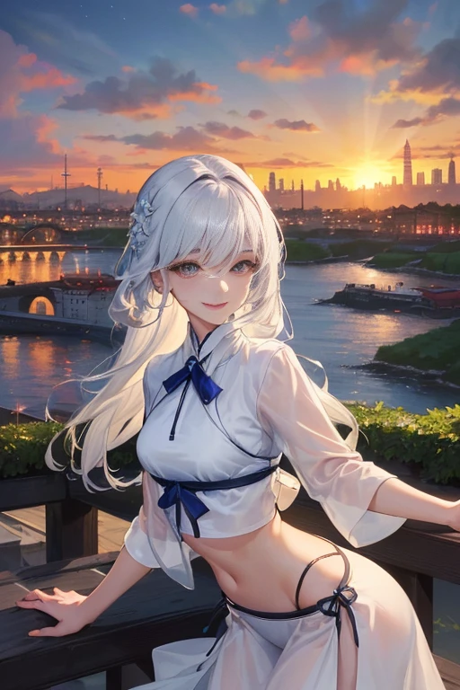 Official Art, masterpiece, Be focused, (beautiful, Beautiful and cute Korean woman:1.3), (Beautiful and cute Korean:1.3), Korean beauty, 精致beautiful头发、Eyes and face, Practical, Super detailed, beautiful女孩, Blue sky, Glowing white particles, (Side Light:1.2), Sunlight, White Cloud, Detailed clouds, Slim, Such a cute big ass, Smile with teeth bared, ((Smile with your eyes, Open your eyes)), landscape, Long and straight hair, sexy facial expression, architecture, (city View:1.7), Dynamic Hair, very Long and straight hair, Delicate platinum-blonde hair, Green Eyes, Black skirt, , Pale skin, Hair accessories, epic landscape,,White high heels,Nice ass,beautiful buttocks,There'There's nothing under the skirt..,weight loss