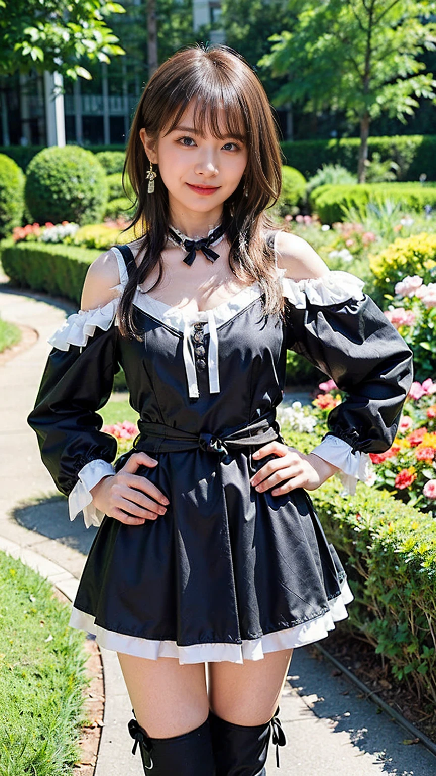 (8K、RAW Photos、Highest quality、masterpiece:1.2)、(Realistic、Realistic)、1 Girl、((black and white mini skirt、Frills、Off the shoulder、belly button、Cape、Black dress、whole body、See-through、boots、chest emphasis、whole body、garden、View from the front、Looking into the camera、Stand with hands on hips))、