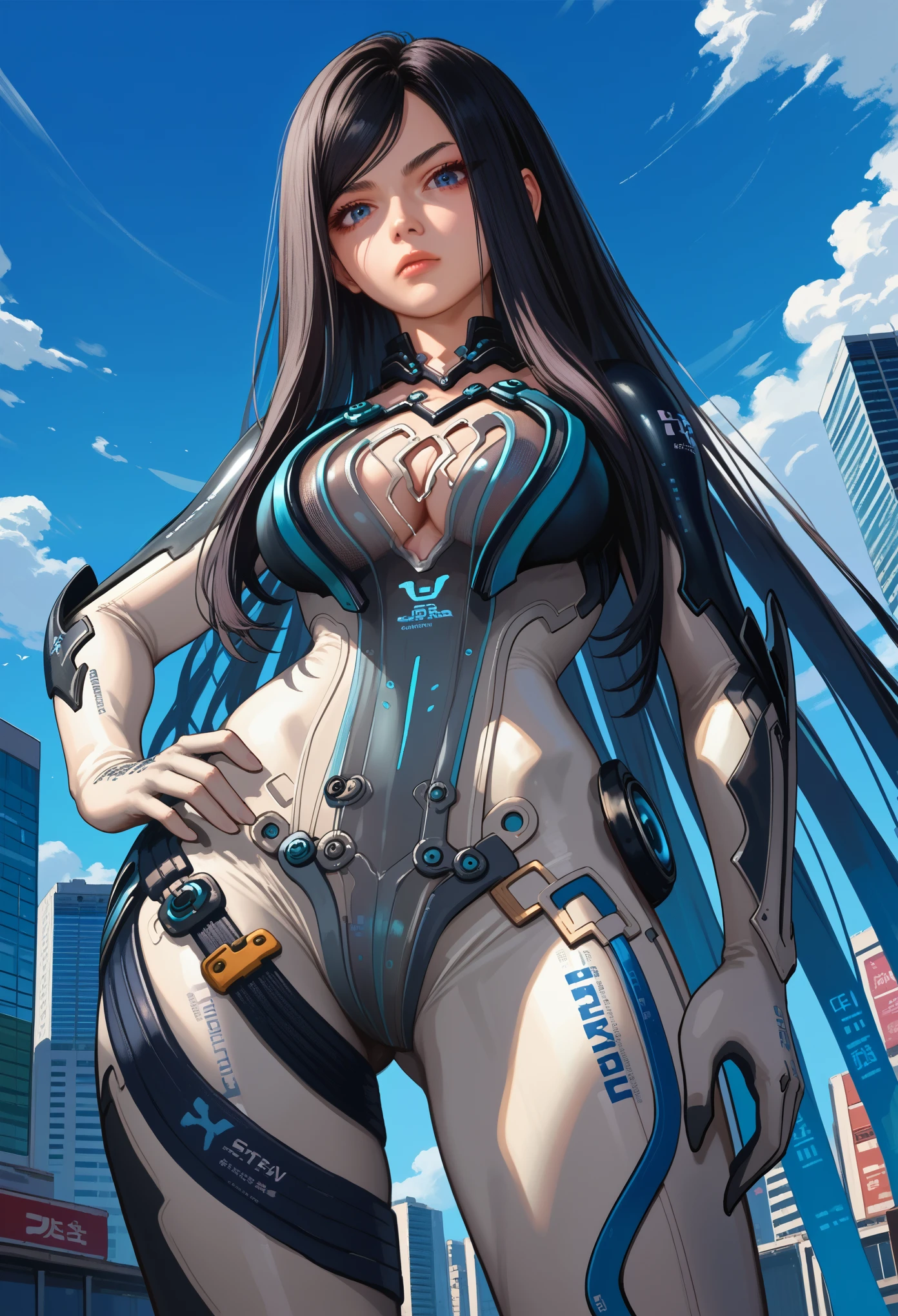 score_9, score_8_up, score_7_up, score_6_up, source_anime, 1girl, solo sbRav, black hair, swept bangs, very long hair, blue eyes, black bodysuit, two-tone bodysuit, grey pants, collarbone, cleavage cutout, gloves, gauntlets, large breasts, blue sky, clouds, city, looking at you, hand on hip,below view