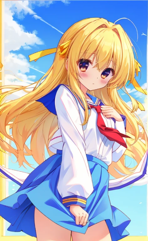 Beautiful long blonde　Cowboy Shot　haruhi_srf　white long sleeves shirt and blue collar, blue skirt　red tie　skirt tug　Wind　Wind lift　White panties　Shyness