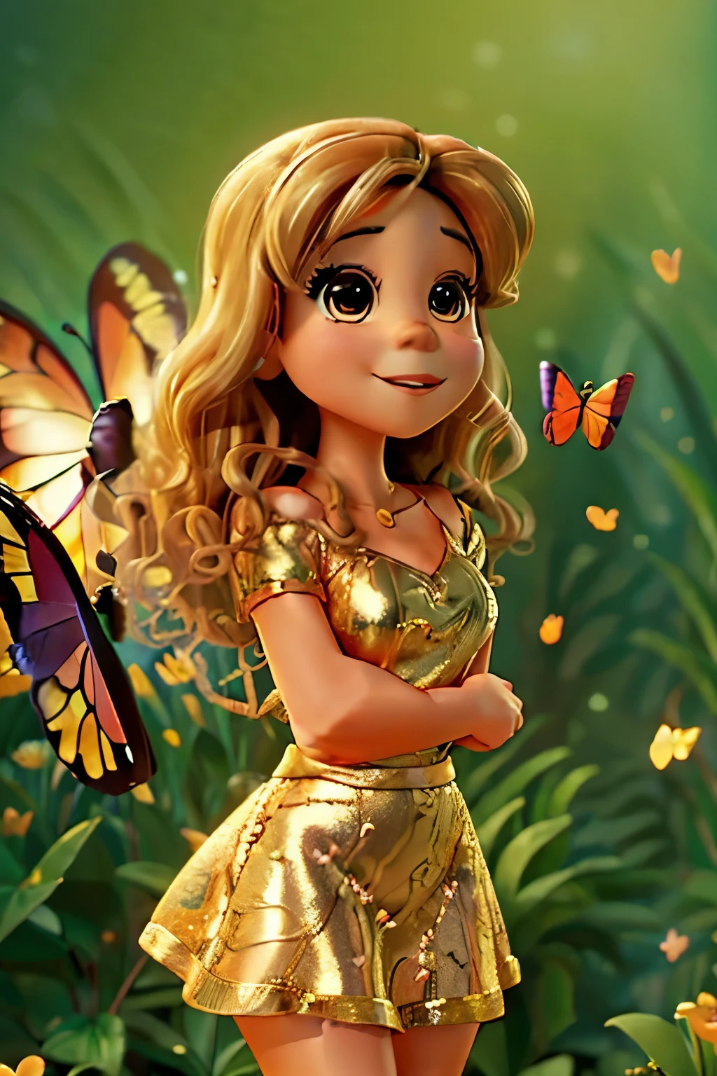 a super high quality, image of the singer Mariah Carey as a Disney Pixar Character, She's in a dreamy enviroment with orange butterflies flying around, she is using gold cropped top and gold mini skirt, she has brunette blondish hair, she is the singer Mariah carey