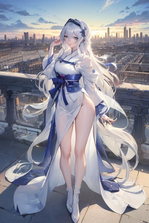 official art, masterpiece, Sharp focus, (Beautiful, gorgeous and cute Korean woman:1.3), (beautiful and cute korean:1.3), Korean beauty, Exquisite and beautiful hair、Eyes and face, Practical, Ultra Detailed, beautiful girl, Blue sky, Glowing white particles, (Side Light:1.2), Sunlight, Baiyun, Detailed cloud, slim, Very cute big  and big butt, Smile with teeth bared, ((Smile with your eyes, Open your eyes)), landscape, Long and straight hair, sexy facial expression, architecture, (city View:1.7), Dynamic Hair, very Long and straight hair, Delicate platinum silver hair, Green eyes, Pink skirt, White socks, Pale skin, Hair accessories, epic landscape,White high heels，Nice butt，Beautiful buttocks，Nothing under the skirt