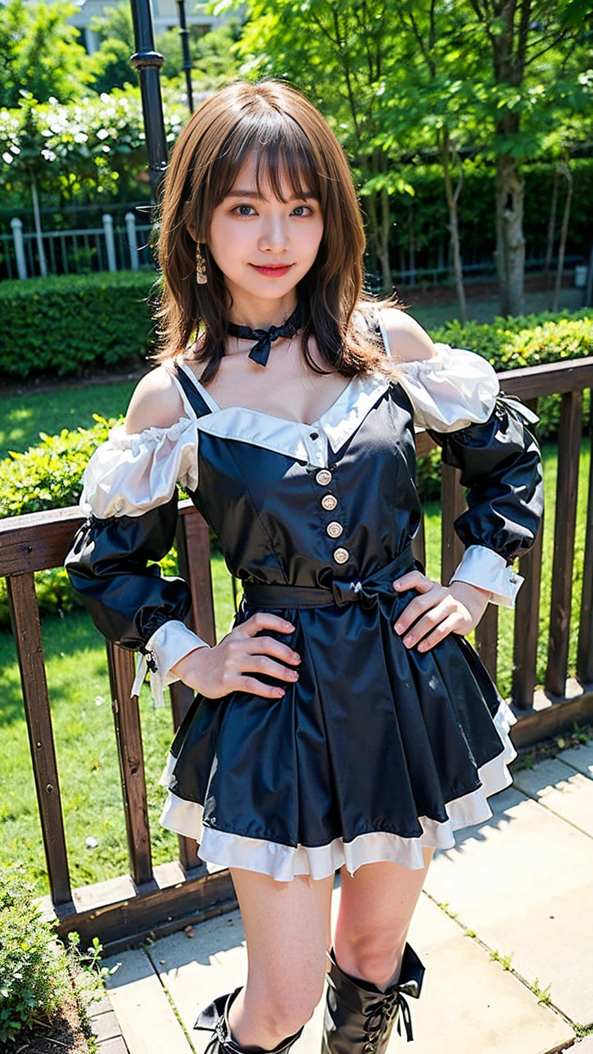 (8K、RAW Photos、Highest quality、masterpiece:1.2)、(Highest quality、Realistic)、1 Girl、((ribbon、Tube top、Off the shoulder、Medium Hair、Big Breasts、Breast enlargement、smile、Pink and black、Lace mini skirt、Thin legs、whole body、boots、garden、View from the front、Looking into the camera、Idol Costume、Stand with hands on hips))、cute