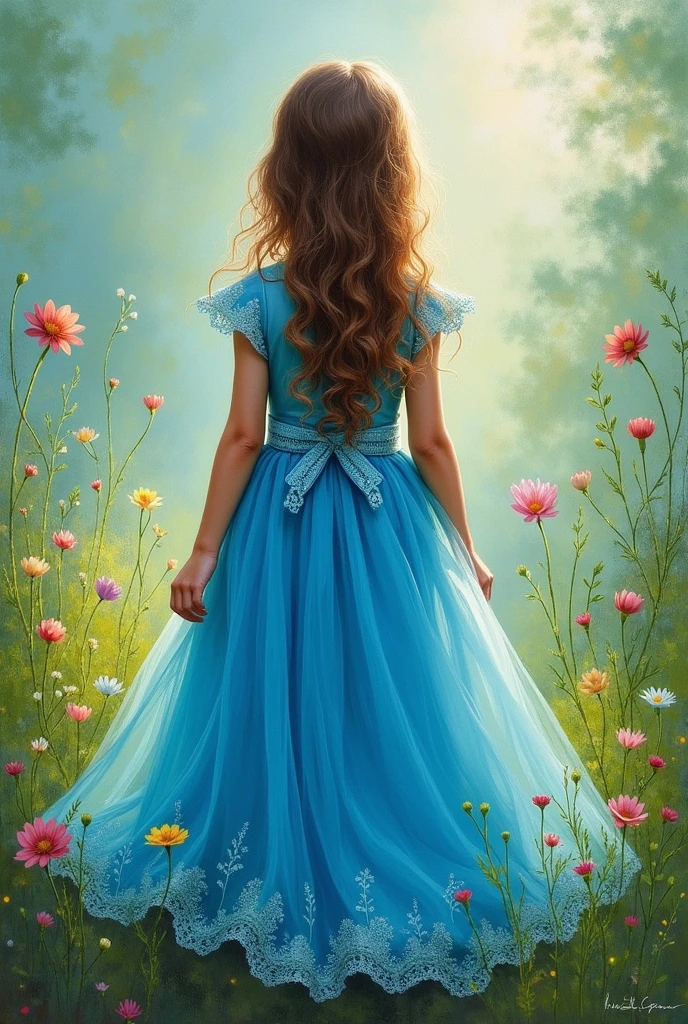 A six year old daughter with dark blonde hair and light blue eyes wearing a light blue dress and light blue hair ribbons