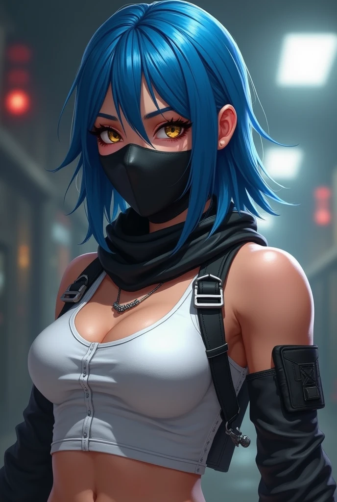 1girl, short_rebellious_hairblue_hair, blue_eyes, scary_eyes, short_hair, expression would be, looking_at_vi ewer, holding, shirt, pant, animal_ears, blue_ ears, wolf_woman, blue_tail, body_perfect, Milf_body, female_body_muscular, scar_on_thighs, scar_on_the abdomen, hunter_outfit_black