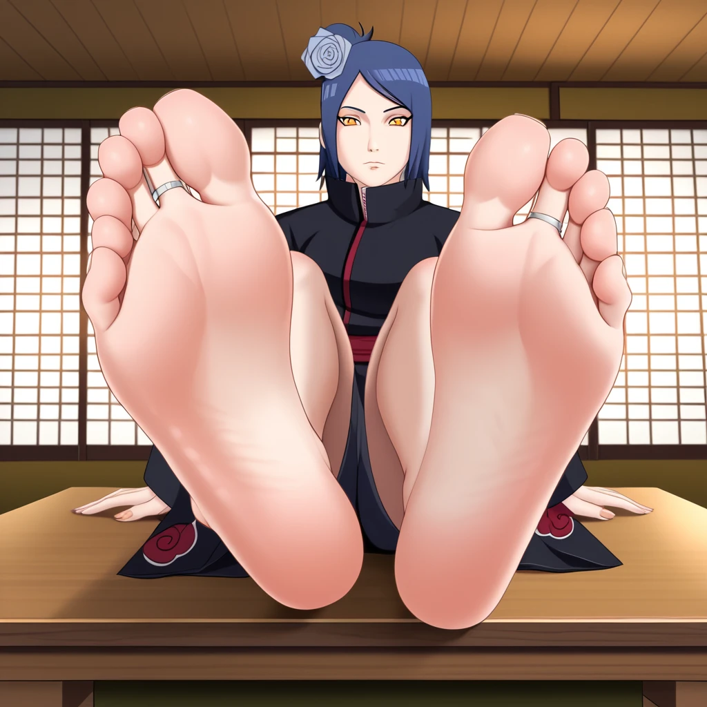 The woman \(Naruto\), Alone, 1girl, closed_mouth, akatsuki outfit, (akatsuki outfit:1.1), flower, hair flower, (orange eyes:1.2), black coat，Alone，In the Japanese style room，Dark gray blue hair，Soles出汗，barefoot，Perfect feet，Five toes per foot，Low Angle，front，Soles，Sitting at the table，Foot Focus，symmetrical soles，high resolution, Anatomically correct, Focal length 35mm, 