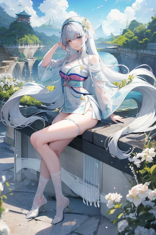 Official Art, masterpiece, Clear focus, (beautiful, Beautiful and lovely Korean woman:1.3), (Beautiful and cute Korean:1.3), Korean beauty, 精致beautiful头发、Eyes and face, Practical, Extremely detailed, beautiful女孩, Blue sky, Glowing white particles, (Side Light:1.2), Sunlight, White Cloud, Detailed clouds, Slim, Such a cute big ass, Smile with teeth bared, ((Smile with your eyes, Open your eyes)), landscape, Long straight hair, Sexy facial expressions, architecture, (城市landscape:1.7), Dynamic Hair, very Long straight hair, Delicate platinum-blonde hair, Green Eyes, Pink skirt, Black socks, Pale skin, Hair accessories, epic landscape,,White high heels,beautiful buttocks,There's nothing under the skirt.,Short skirt