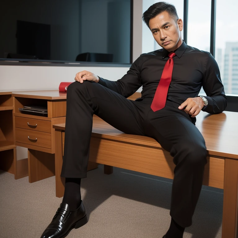 aged 40,Hidetoshi Nakata,(Guardiola 1.2)Shirtless,Tong,Bulge,office room,sitted,legs are open,black long socks,Thin,musculature,lbeard,fortitude,artwork of a,tmasterpiece,k hd,Red panties,an look of enjoyment