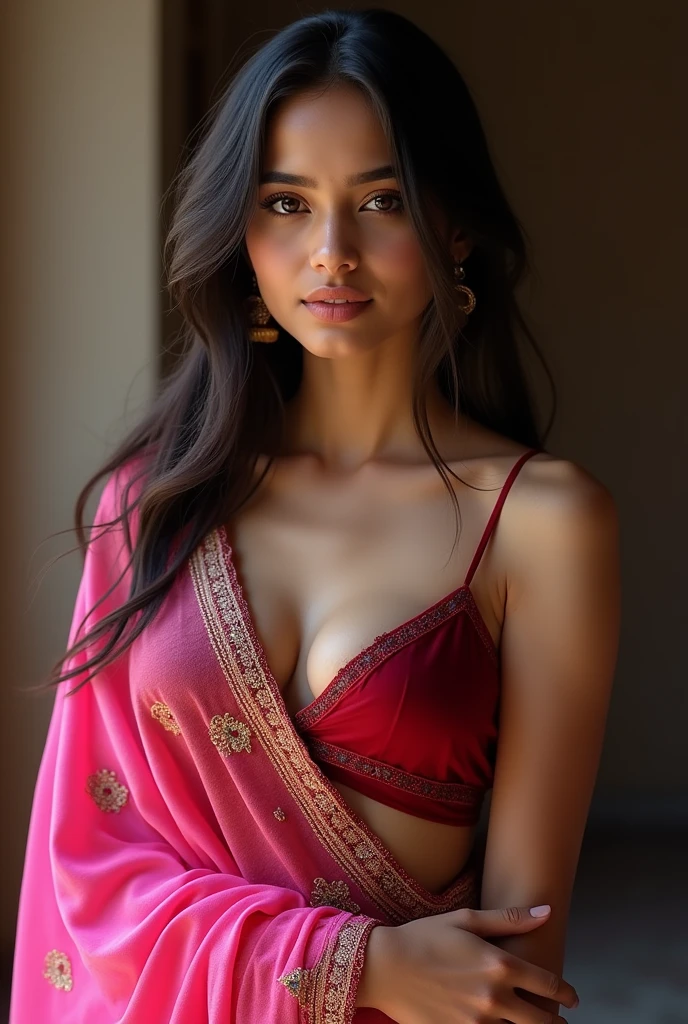 (best quality, 4k, 8k, high resolution, masterpiece: 1.2), extremely detailed, (realistic, photorealistic, photorealistic: 1.37), vibrant colors, gorgeous, young Pakistani girl, beautiful detailed eyes, beautiful details, big breasts (1.3), colorful brocade bra, small waist, open-legged skirt