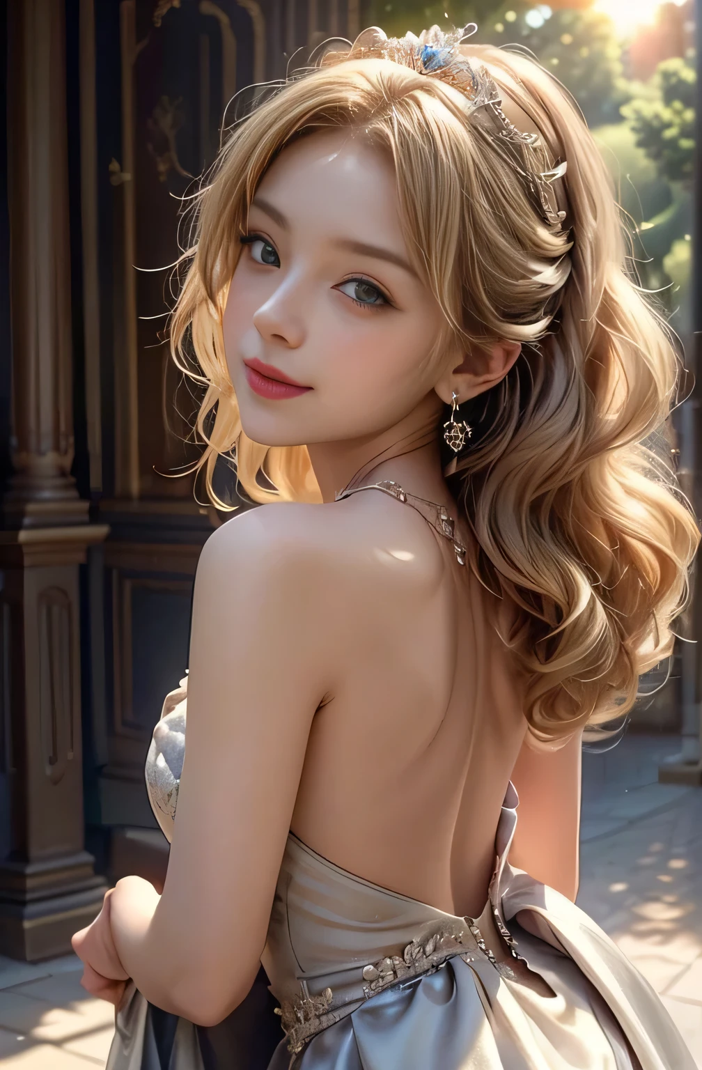 ((RAW shooting:1.5, realistic:1.5, 8K, highest quality, masterpiece, ultra high resolution)), Inside the luxurious British Royal Palace, professional camera work:1.3, Highly detailed skin and facial textures:1.3, glow light effect, Super detailed:1.3, cute british princess, Fair skin, Glossy skin, (elegant:1.4, small face), Ultimate Cute Face:1.5, (cute eyes:0.9, looking far away), smile:1.0, (mouth is slightly open:0.4, Clean and refreshing taste:0.7), double eyelid, ((super long up blonde curly hair)), tiara, necklace and earrings, ((How to wear an elegant and shiny satin princess dress off the shoulders correctly)), big breasts, cowboy shot, ((sunrise, sunlight shining from behind:1.6, Strong sunlight spreads across the screen:1.6)), ((Strong sunlight shines on a woman:1.7))